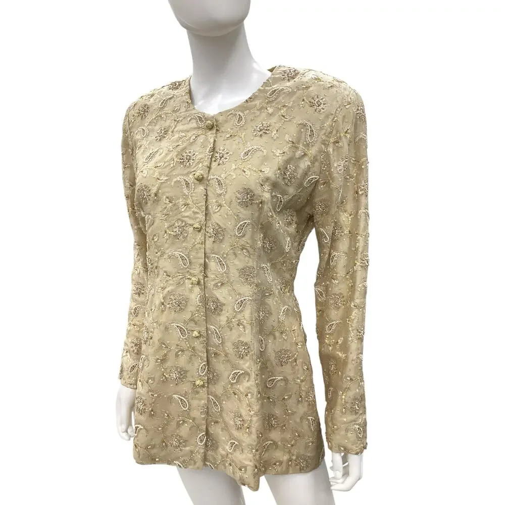VTG Set Women’s Size M Scarf+Blazer Silk Gold Tone Knot Buttons Embroidered Gold